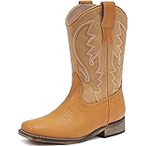 LAURMOSA Boys Cowboy Boots Western Square Toe Boots, Pull-On Mid Calf Embroidered Boots for Toddler Little Big Kid