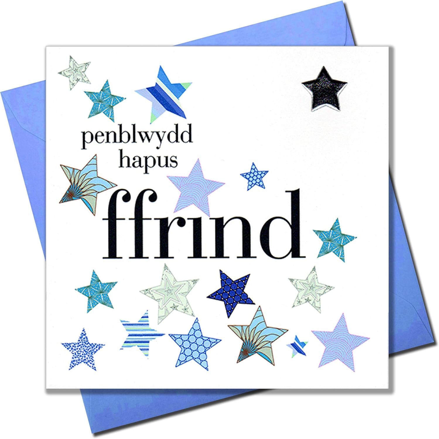 Claire Giles Greeting Cards, Welsh Happy Birthday Friend Card, Penblwydd Hapus, Blue Stars design Birthday Greeting Card