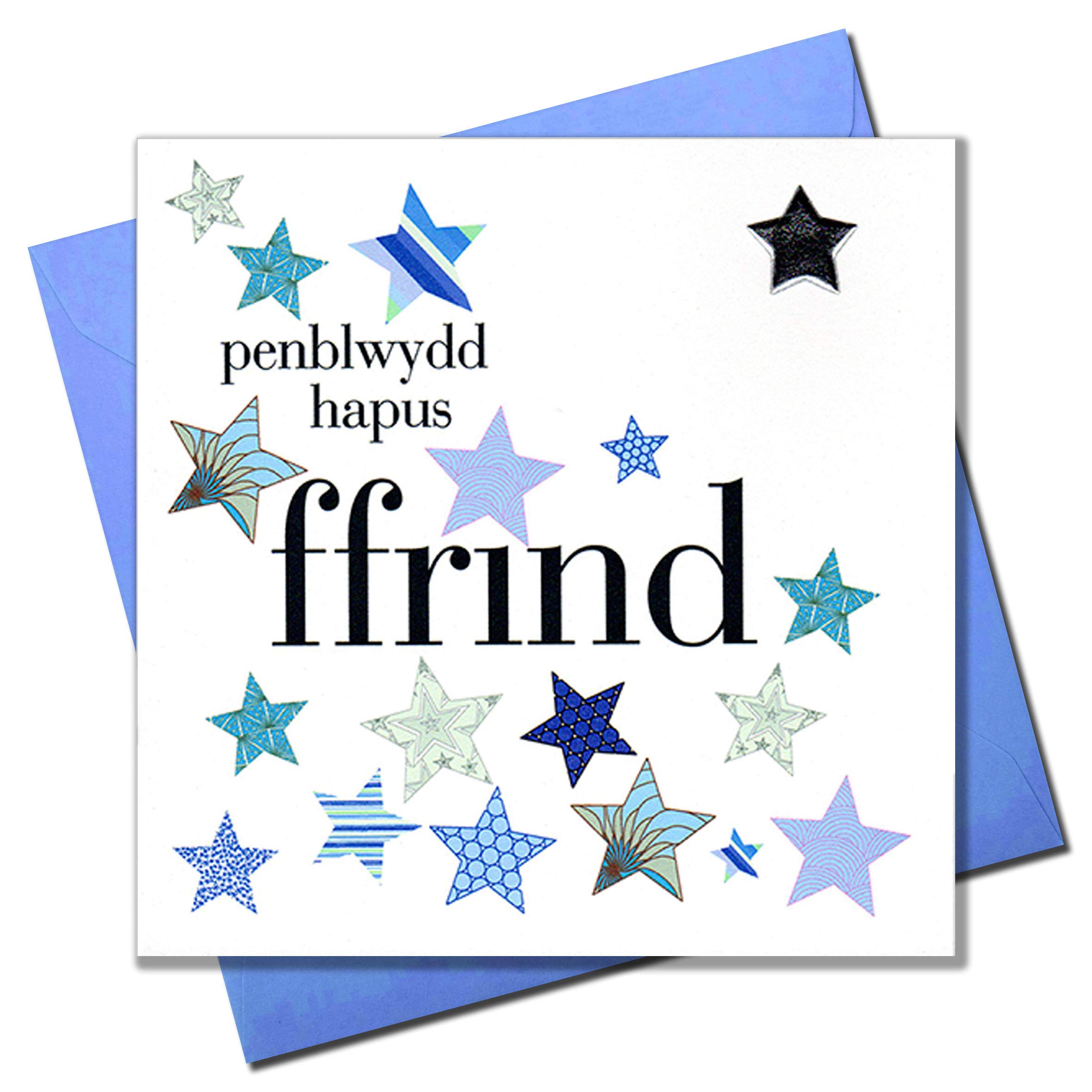Claire Giles Greeting Cards, Welsh Happy Birthday Friend Card, Penblwydd Hapus, Blue Stars design Birthday Greeting Card, Embellished with a Padded Star