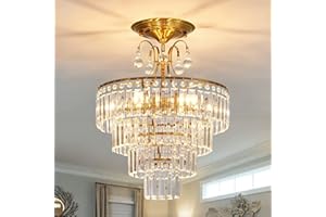 CVKASH 5 -Lights Crystal Gold Chandelier Fixture Modern Semi Flush Mount Ceiling Light with E12 Ceiling Lighting for Bedroom Living Room Kitchen Hallway Dining Room,D15.35 x H20.07