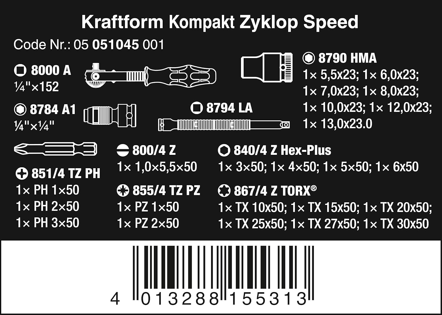 Wera Kraftform Kompakt Multi-function Zyklop Speed Ratchet, Socket & Bit Set, 1/4", 26pc, 05051045001, Green - Image 3