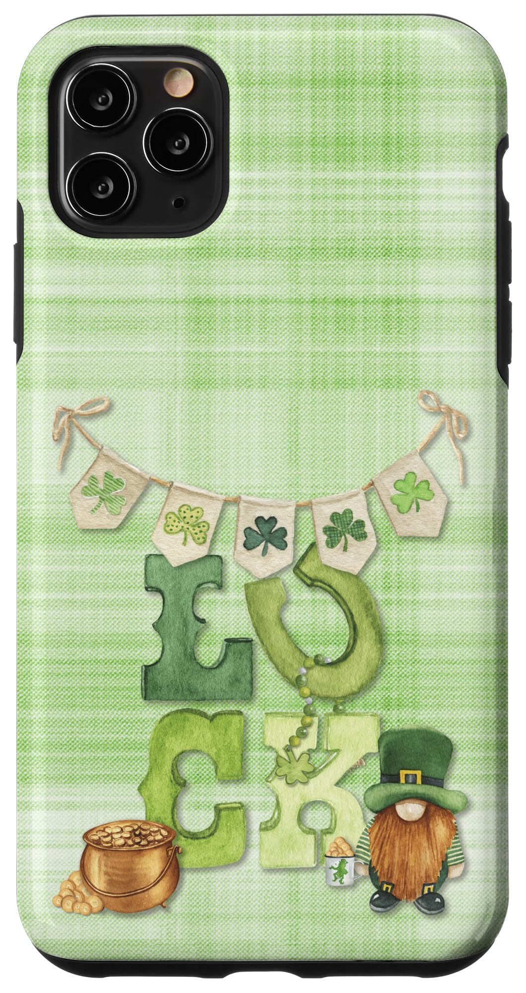 iPhone 11 Pro Max Irish Luck St Paddy's Day Gnome Shamrock Bunting Green Plaid Case