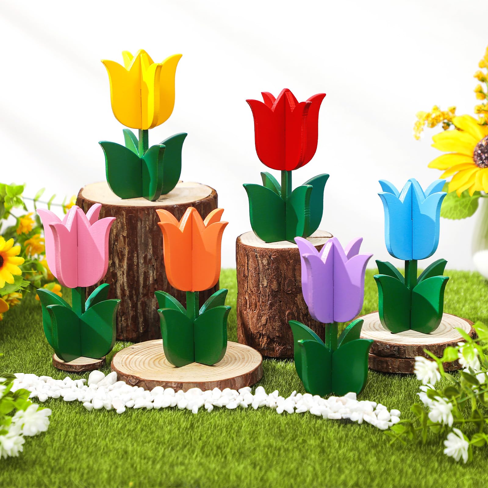 Photo 1 of Yuntau 6pcs Spring Tulips Wood Signs Rustic Farmhouse Tulip Flowers Table Decoration Retro Tulip Table Centerpiece Tiered Tray Decor Multicolor Tulips Floral Block Tabletop Signs Home Decor(Vibrant)