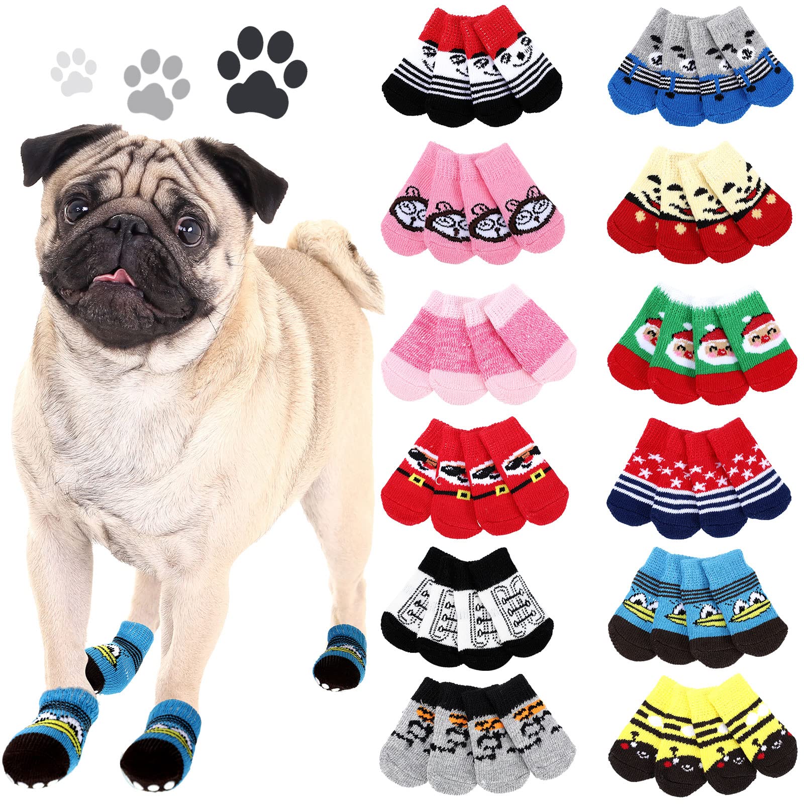 Photo 1 of 48 Pieces Dog Socks for Small Medium Dogs Non Slip Anti Slip Skid Pet Puppy Doggie Grip Paw Protectors Indoor Traction Control Socks for Hardwood Floor Protection, 12 Styles