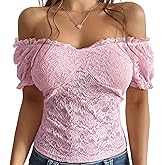 KWSTAIN Lace Tops for Women Off Shoulder Going Out Tops Sexy Sheer Mesh Puff Short Sleeve Summer Crop Floral Corset Top