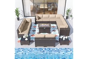 ALAULM 15 Pieces Outdoor Patio Furniture Set with Propane Fire Pit Table Outdoor Sectional Sofas Patio Furniture 43" Gas Fire Pit Brown PE Rattan Patio Conversation Set w/12 Cushions-Sand