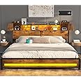 CSZZD King Size Bed Frame and Storage Headboard, LED Bed Frame with USB Charging Station, Metal Platform Bed Frame King with Hidden Storage Space, No Box Spring Needed, Vintage Brown