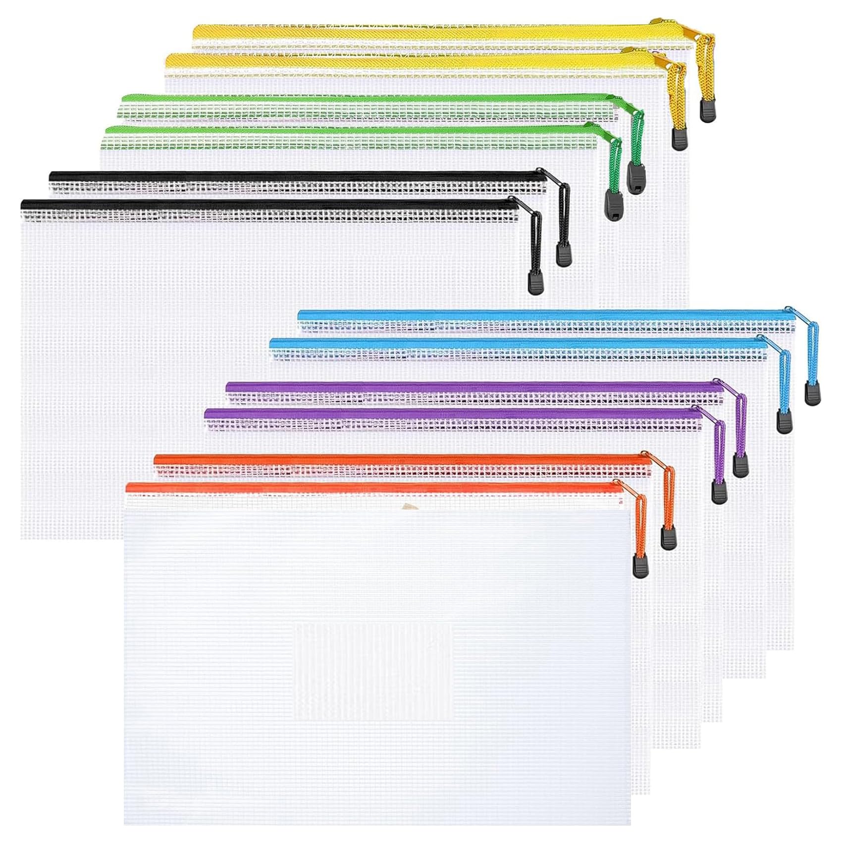 A4 Plastic Zip Wallets - 12PCS Zip Lock Bags Plastic Document Folders Mesh Zipper File Bags Waterproof Travel Storage Pouch for School Office Supplies (Multi, A4)