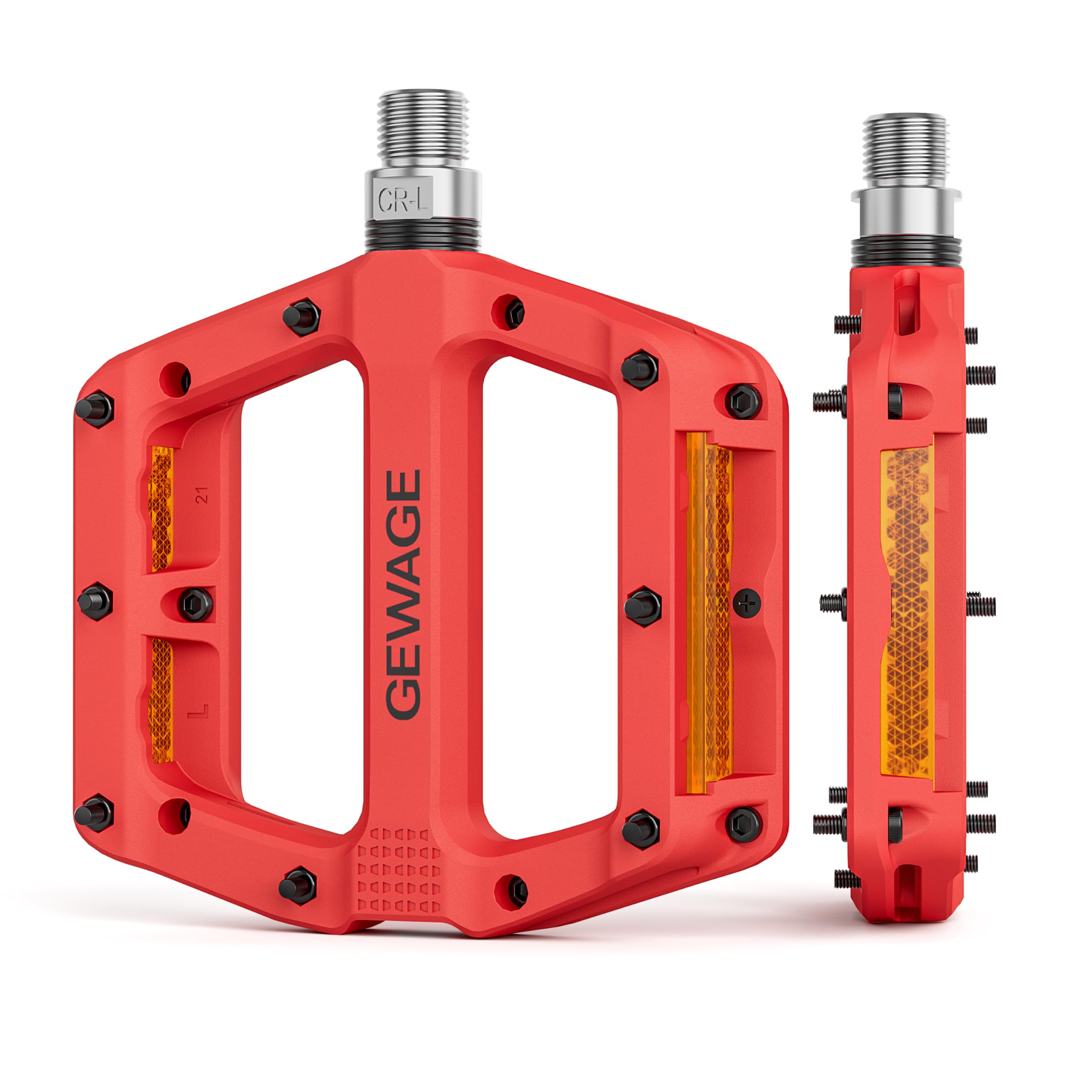 GEWAGE Bicycle Pedals, Nylon Fibre MTB Pedals with Reflectors, 9/16 Inch Non-Slip, Lightweight Bicycle Platform Pedals with 3 Bearings for Road Bike, MTB, E-Bike (Red)
