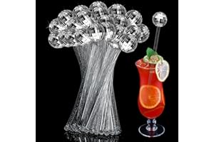 Sawysine 48 Pcs Disco Balls Cocktail Stirrers Plastic Round Top Swizzle Sticks Mirror Disco Ball Stir Sticks Decorative Straws Drink Stirrers for 1970s Party Home Bar Coffee Shop Use(Silver)