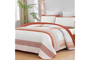 WONGS BEDDING Burnt Orange Quilt King Size, Bohemian Stripe Quilt Sets 3 Pieces Boho Quilted Bedspread Set Lightweight Microfiber Coverlet Bedding Set All Season (104"x90")