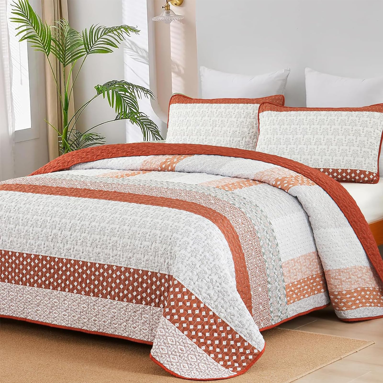 Photo 1 of WONGS BEDDING Burnt Orange Quilt King Size, Bohemian Stripe Quilt Sets 3 Pieces Boho Quilted Bedspread Set Lightweight Microfiber Coverlet Bedding Set All Season (104"x90")