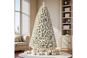 7.5 FT Pre-lit Snow Flocked Christmas Tree, Artificial Spruce Christmas Tree 1000 PVC Branch Tips 350 Warm White Lights, Easy