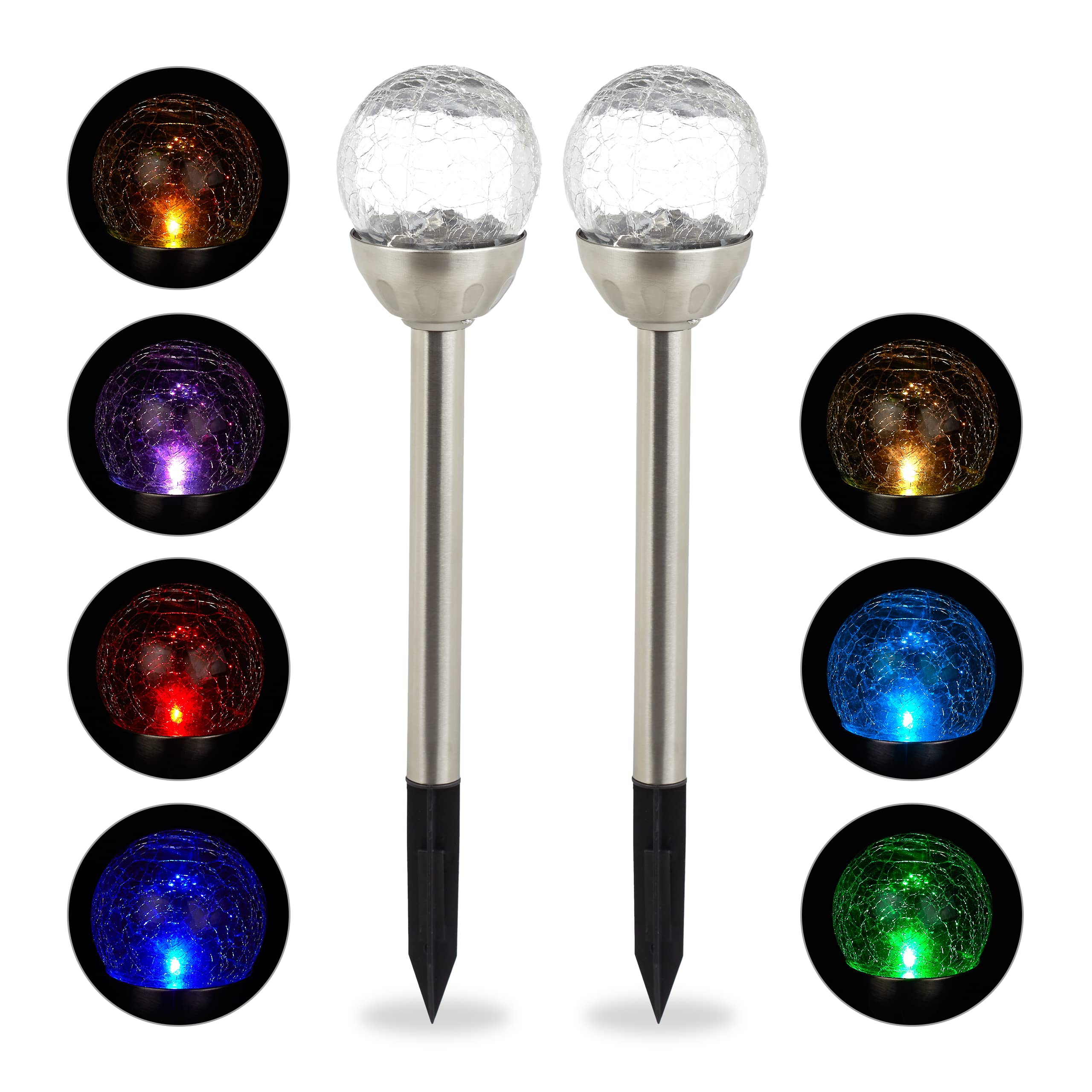 Relaxdays Glass Sphere Garden Lights Set of 2, Modern Solar Lamps, Cullet Look, Waterproof, Colour Change, Silver