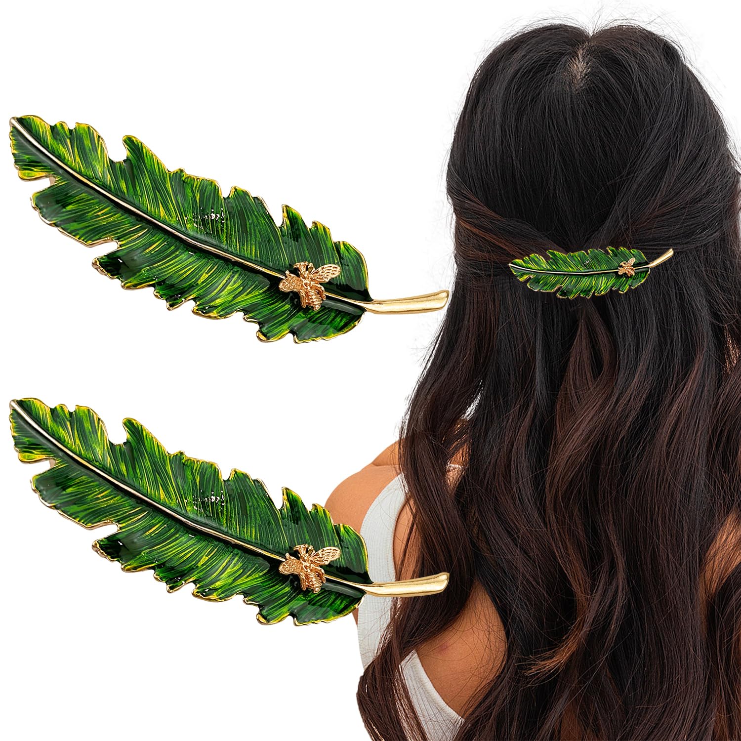 2Pcs Green French Vintage Leaf Hair Barrettes,Hand Crafted Feather Spring Hair Clips,Elegant Jewelry Hair Decorations for Women Girls