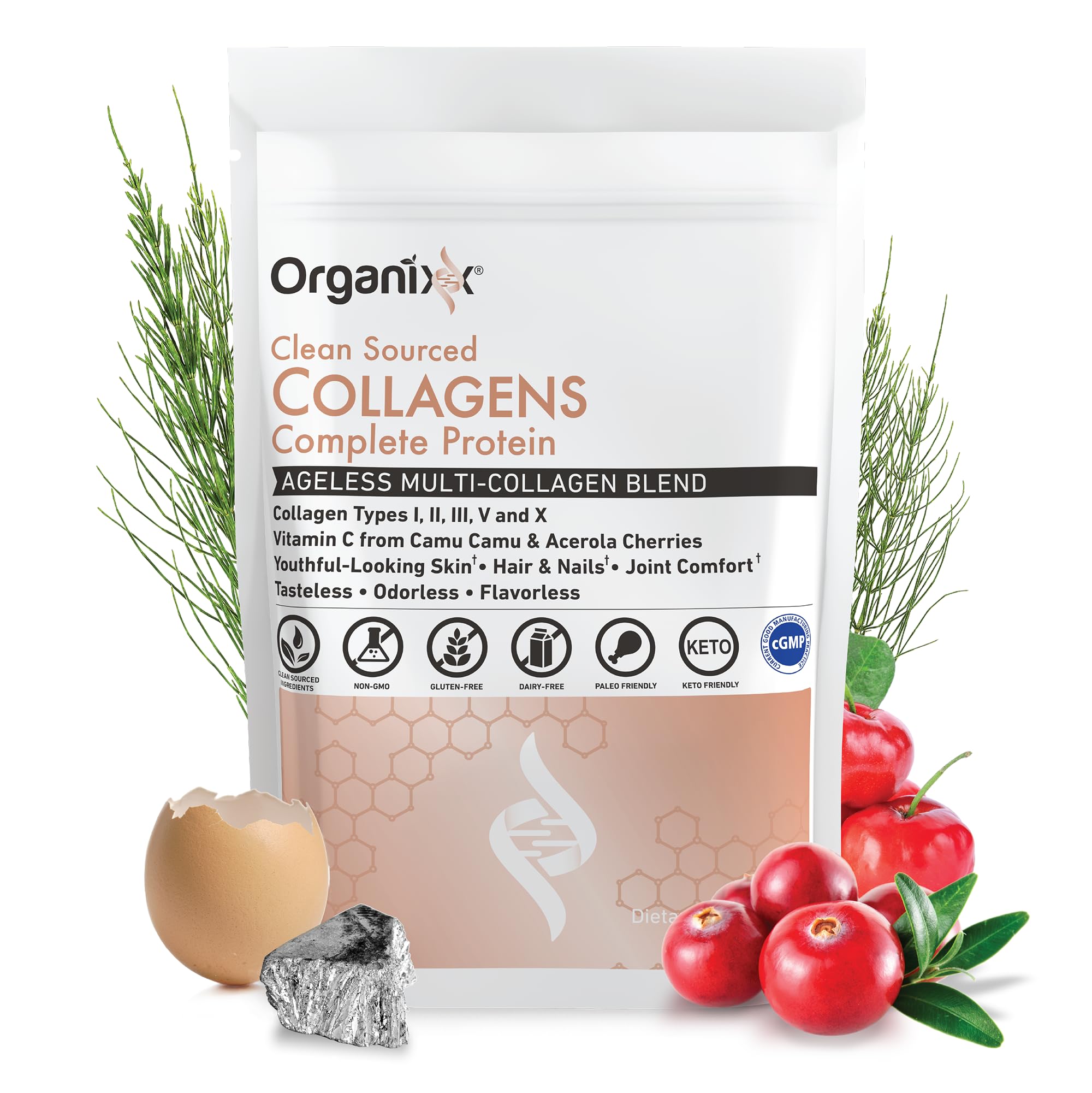 Organixx Collagen Peptides Powder with Vitamin C, Types I, II, III, V, X Hydrolyzed Collagen, Hair, Nail, Skin, Bone & Joint Health, Aging Support, Clean Sourced, Gluten Free, Unflavored, 20 Servings
