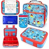 Bento Box with Thermo and Insulated Lunch Bag Set for Kids Boys Toddlers, 5 Compartment Lunch-box with Ice Pack and Utensil, For Hot and Cold Food, Soup, Blue Pirates