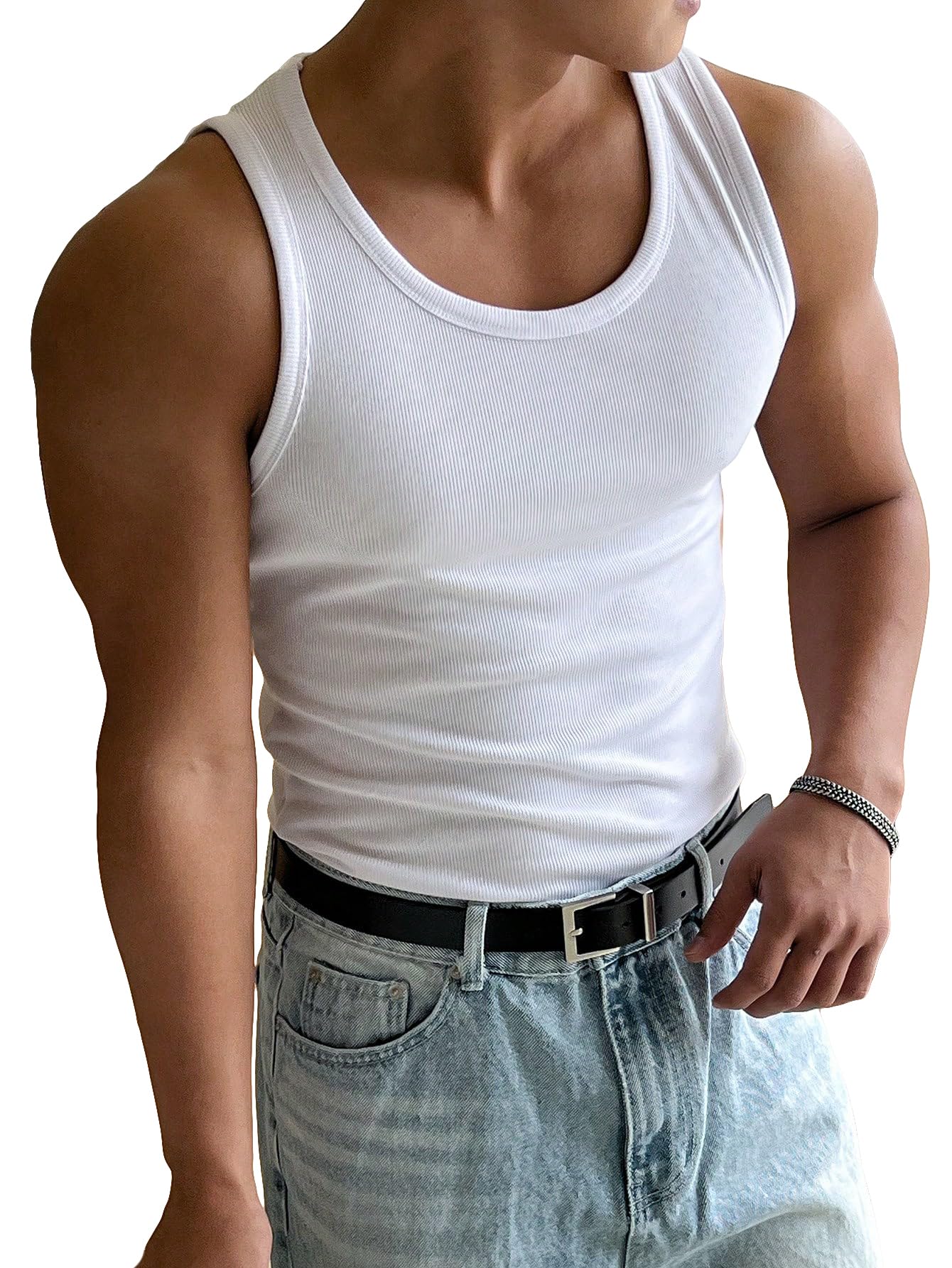 Photo 1 of COZYEASE Men's Summer Tank Top Scoop Neck Workout Gym Muscle Tank T-Shirt Sleeveless Undershirt White M