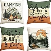 AVOIN colorlife Life is Better Around The Campfire Throw Pillow Covers 18x18 Inch Set of 4, Camping Let's Sleep Under The Stars Saying Cusion Case Decoration for Sofa Couch