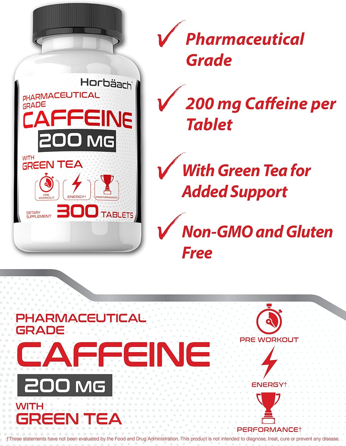Caffeine Pills 200mg with Green Tea | 300 Tablets | Vegetarian, Non-GMO & Gluten Free | by Horbaach: Health & Personal Care