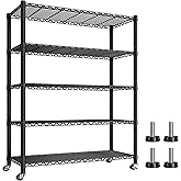 REIBII Storage Shelves Load 1980LBS,5 Tier Metal Shelving Unit with Wheels,Adjustable Garage Shelving Wire Shelves Commercial Shelf for Garage Pantry Kitchen,76''HX36''WX16''D Black