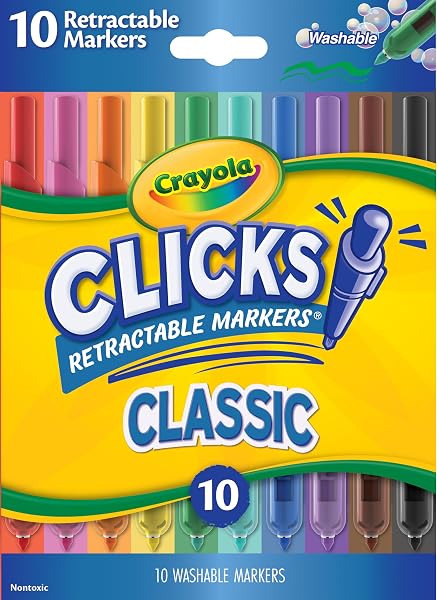 Crayola Clicks Retractable Tip Markers (10ct), Washable Cone Tip Art Marker Set, Cute Aesthetic School Supplies, Classroom Mu