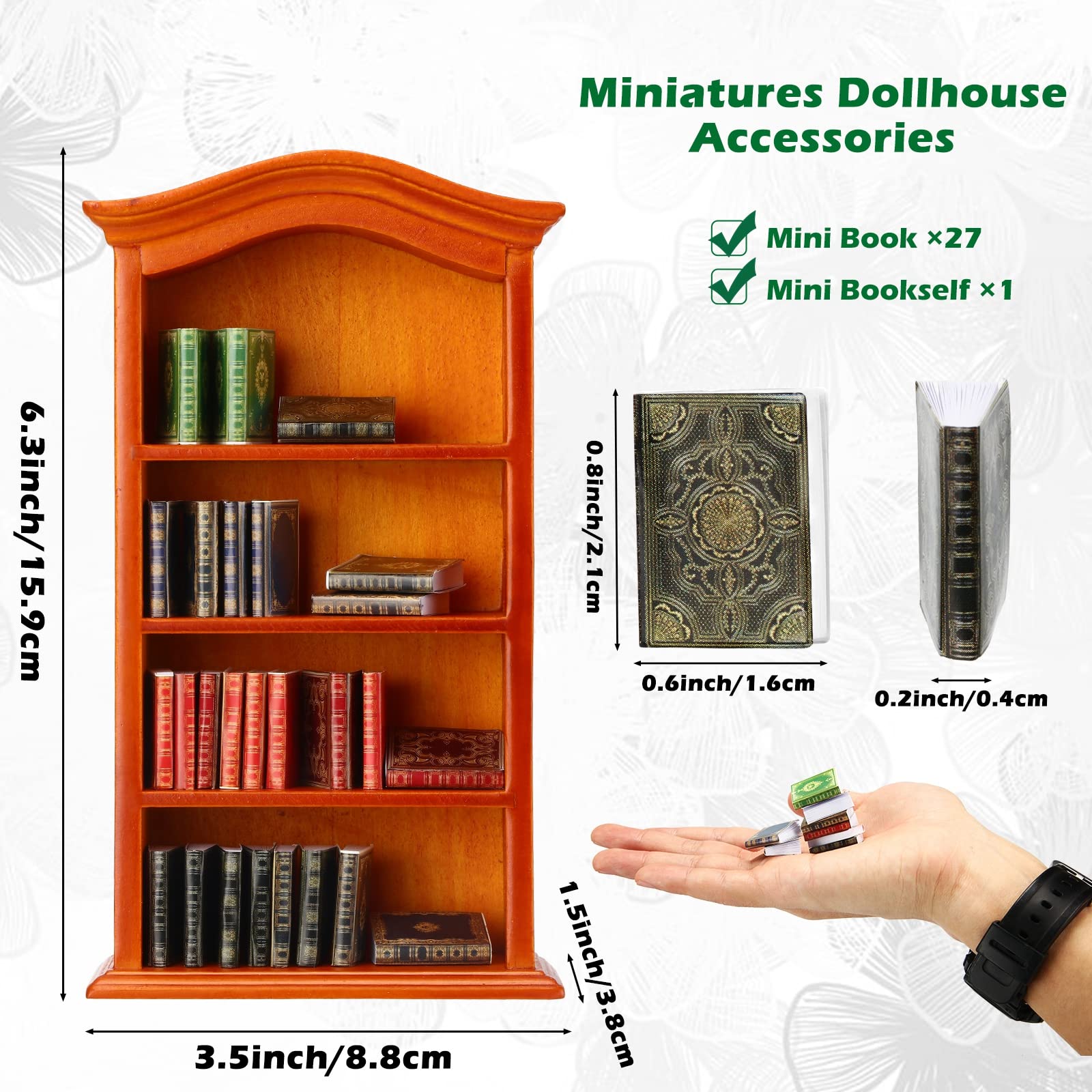 Miniatures Book and Bookshelf Set Includes 27 Pcs 1:12 Scale Miniatures Dollhouse Books 1 Pcs Wooden Bookcase 4 Floors Furniture Display Bookshelf Cabinet Dollhouse Decoration for Mini House Library