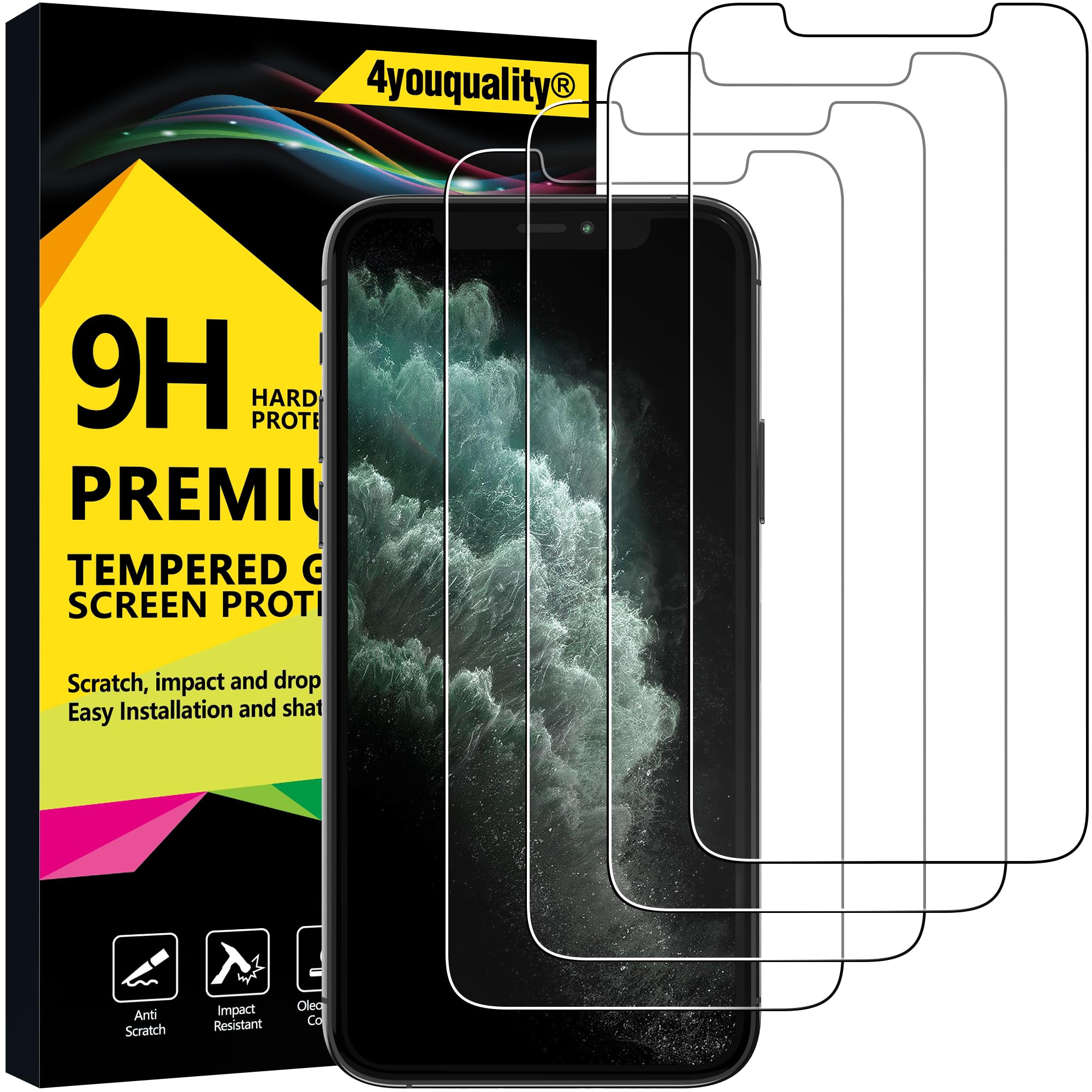 4youquality [4-Pack Screen Protector for iPhone 11 Pro Max and iPhone XS Max, Tempered Glass Film Screen Protector, [LifetimeSupport][Anti-Scratch][Anti-Shatter]
