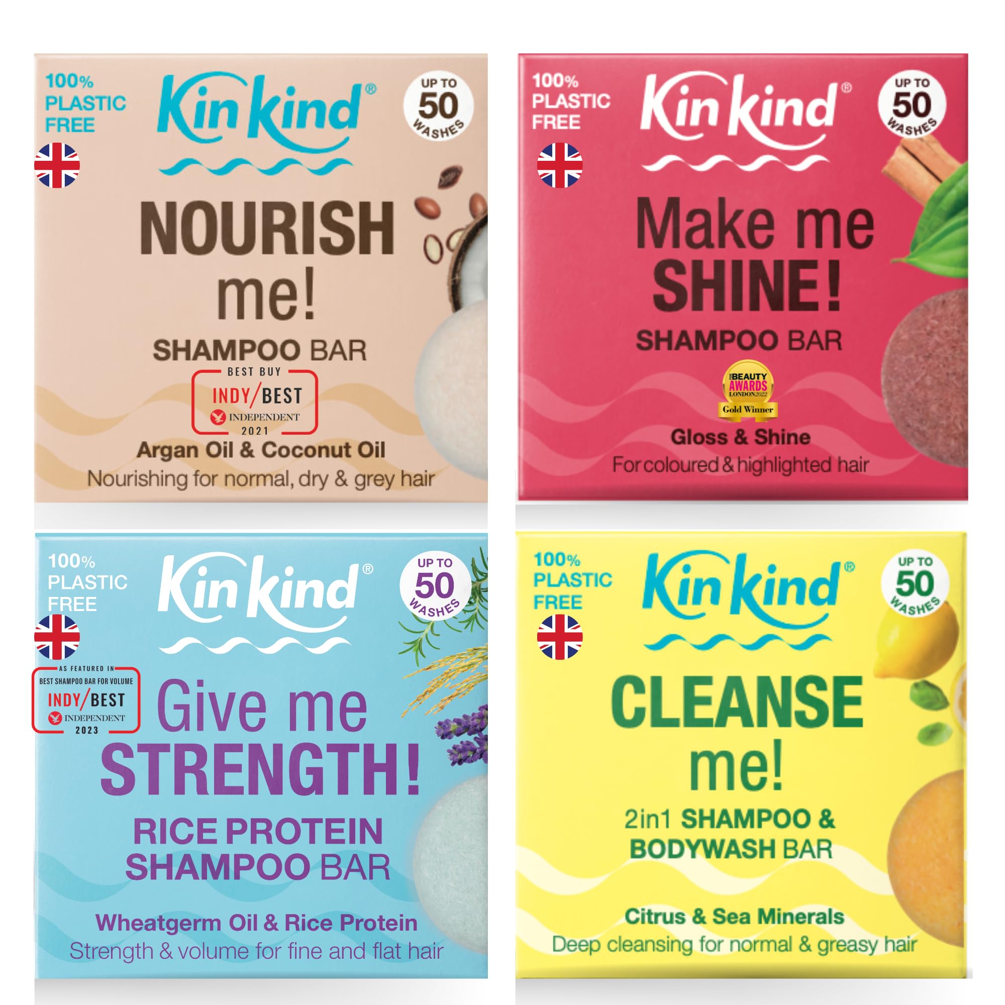 KinKind Shampoo Bars for hair UK made gift set. 4x Eco Friendly Soap Free Bars. Nourish Shine Strengthen and Cleanse with Natural Ingredients