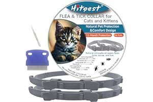 Hitpest Flea and Tick Collar for Cat, 12 Months Protection, Upgraded Version, Soft and Comfortable, Prevents Fleas and Ticks, Includes Tweezers and Flea Comb, 2-Pack