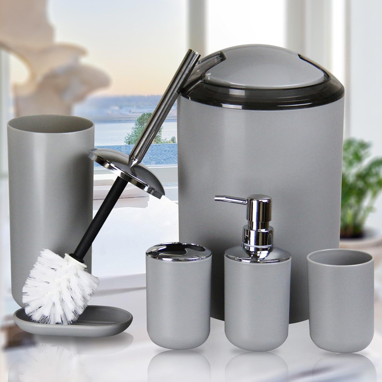 IMAVO Bathroom Accessories Set,6 Pcs Plastic Gift Set Toothbrush Holder,Toothbrush Cup,Soap Dispenser,Soap Dish,Toilet Brush Holder,Trash Can,Tumbler Straw Set Bathroom (Grey): Home & Kitchen