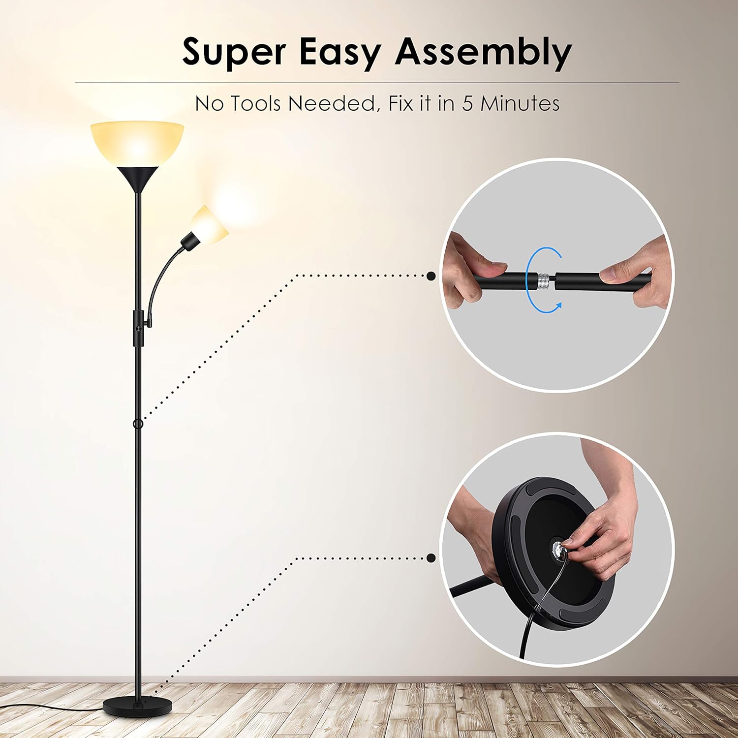 Floor Lamp - Standing Lamp, 9W LED Torchiere Floor Lamp + 4W Adjustable Reading Lamp, 3000K Energy-Saving LED Bulbs, 3-Way Switch, >50,000hrs Lifespan, Floor Lamps for Bedroom, Living Room, Office: Home Improvement