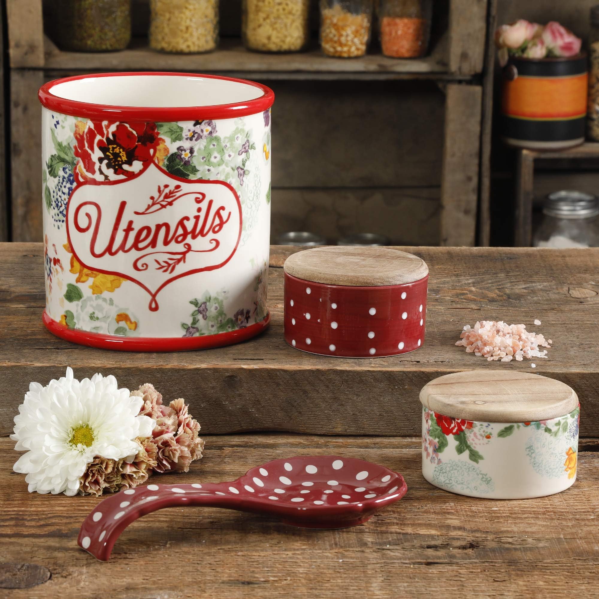 6-Piece Collected Counter Top Set, Kitchen Accessories Includes Utensil Crock, Salt Cellars, Wooden Lids for Salt Cellars and a Spoon Rest - Made of Durable Stoneware