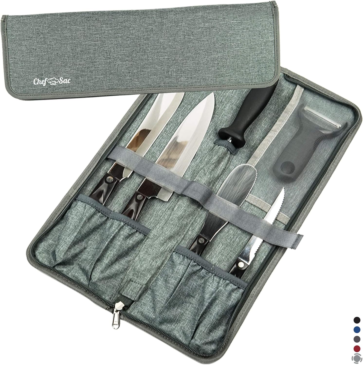 Chef Knife Bag Travel Folder Knife Case | 4 Pockets for Knives & Kitchen Tools | Special Slot for Honing Rod | Camp Chef Accessories | Durable Knife Holder for Chefs & Culinary Students (Heather Grey): Kitchen & Dining