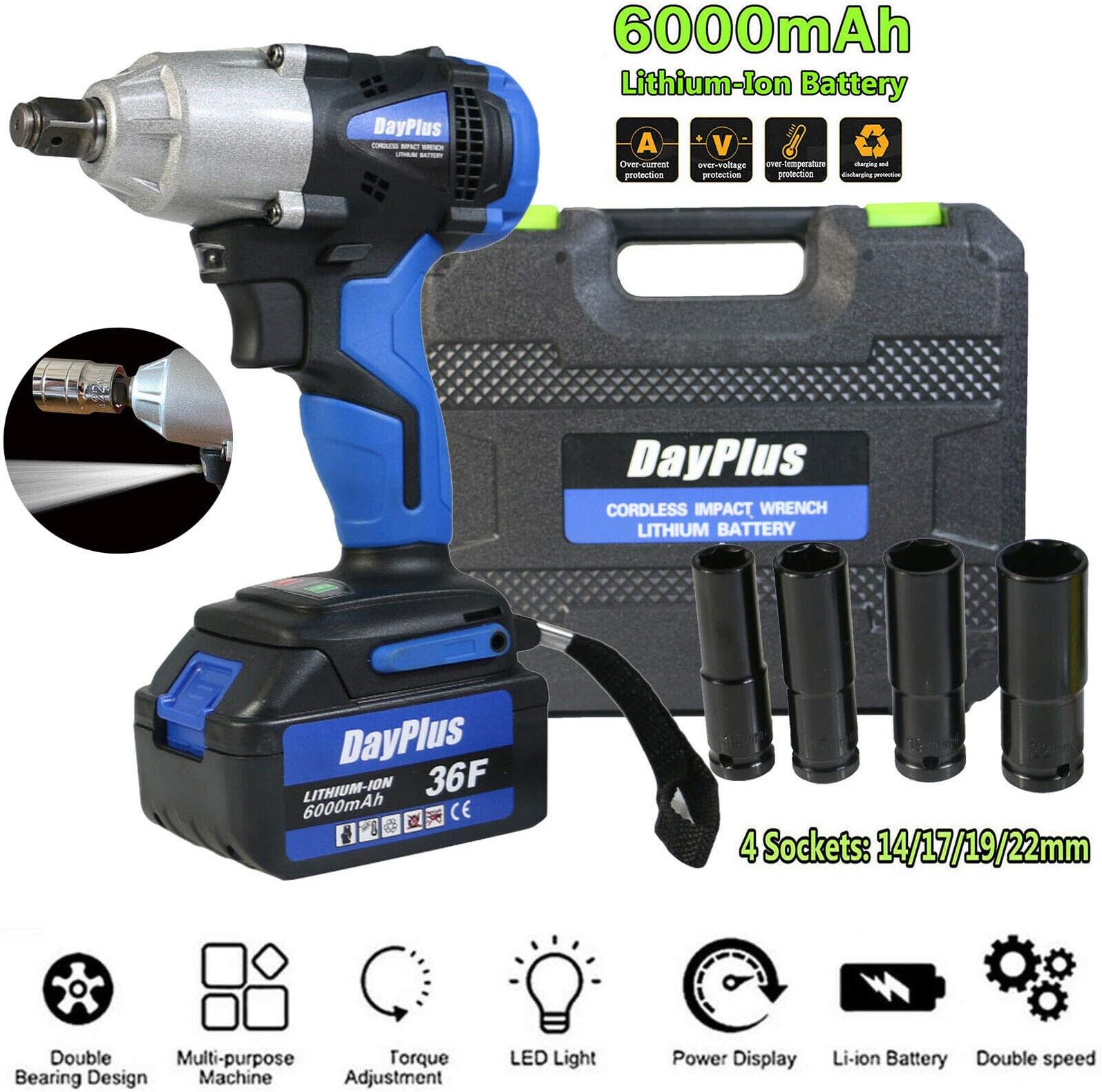 Cordless Impact Wrench 1/2 Inch Chuck 420Nm High Torque Screwdriver with 6000mAH Li-ion Battery Fast Charger 4 Sockets and Case Portable Compact Wrench Kit 18V Variable Speed (Blue)
