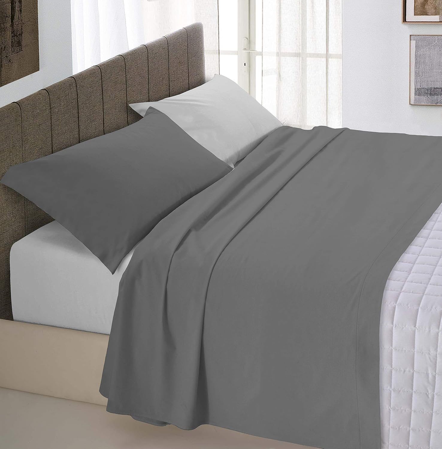 Italian Bed Linen Juego de sábanas Natural Color Plana 150x300, Hoja