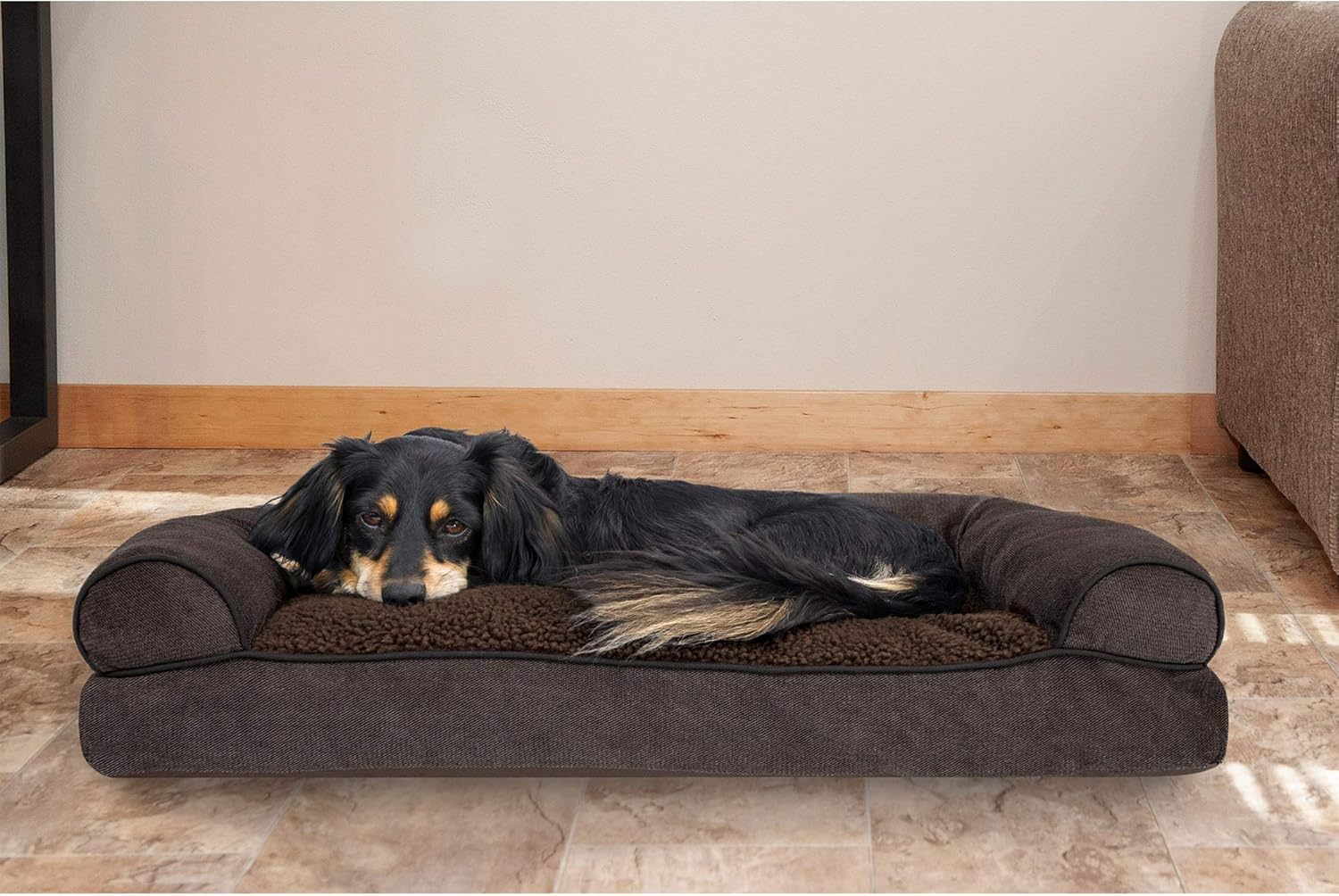 Furhaven Pet Dog Bed - Faux Fleece and Chenille Soft Woven Pillow Cushion Traditional Sofa-Style Living Room Couch Pet Bed with Removable Cover for Dogs and Cats, Coffee, Medium : Pet Supplies