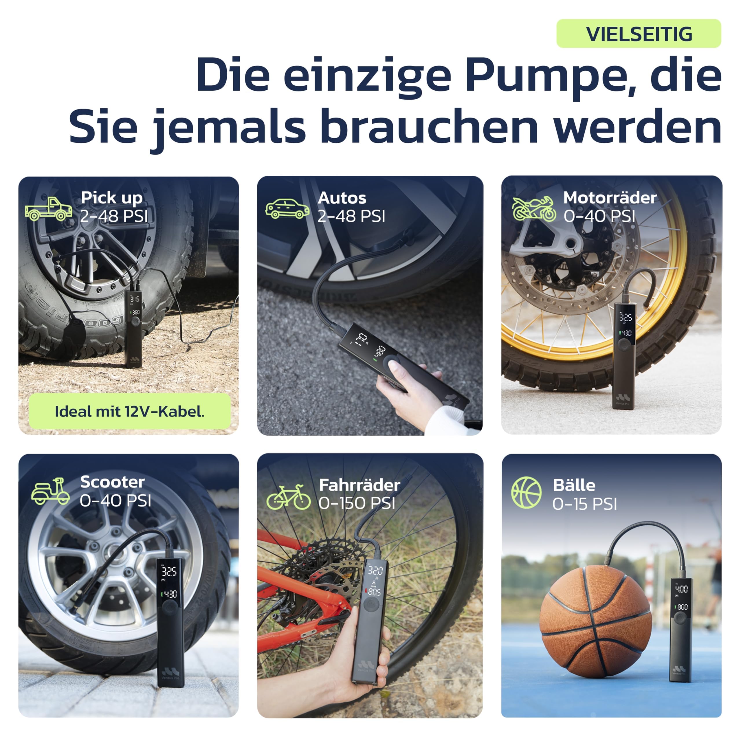 Woowind Ventus Pro Premium Elektrische Luftpumpe, 2X Schneller, 150PSI/10,3Bar Akku Kompressor, Luftpumpe Auto mit 12V-Kabel für SUVs & Offroad-Reifen, Auto-Stopp 9