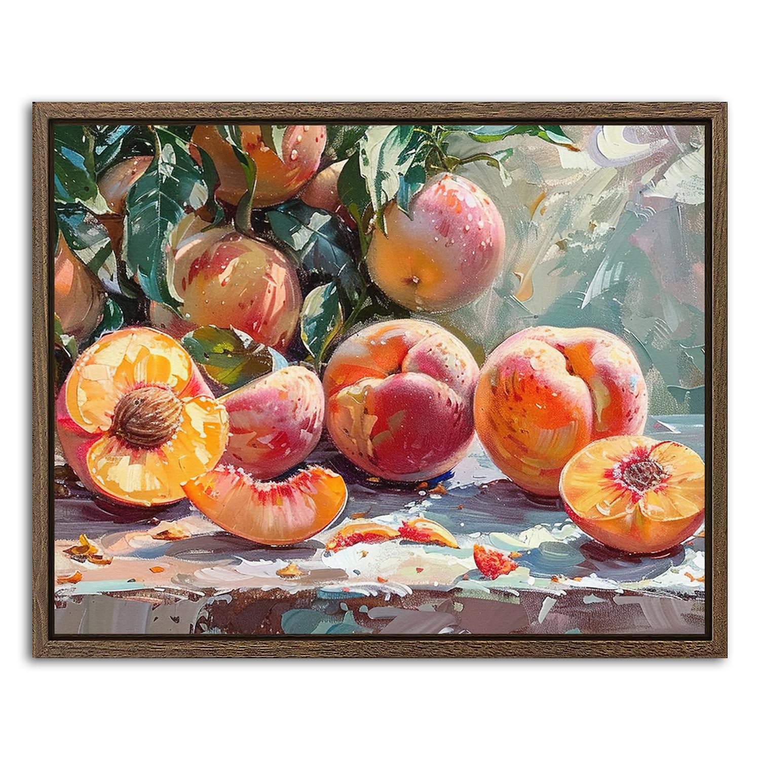 Minimalist Peaches Painting Wall Art Rustic Kitchen Wall Decor Abstract Classical Fruits Canvas Prints Pictures Vintage Farmhouse Poster Retro Framed Artwork for Dining Room Home Decorations 20x25cm