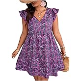 Floerns Women's Plus Size Summer Floral V Neck Short Dress Ruffle Cap Sleeve Flowy Dresses