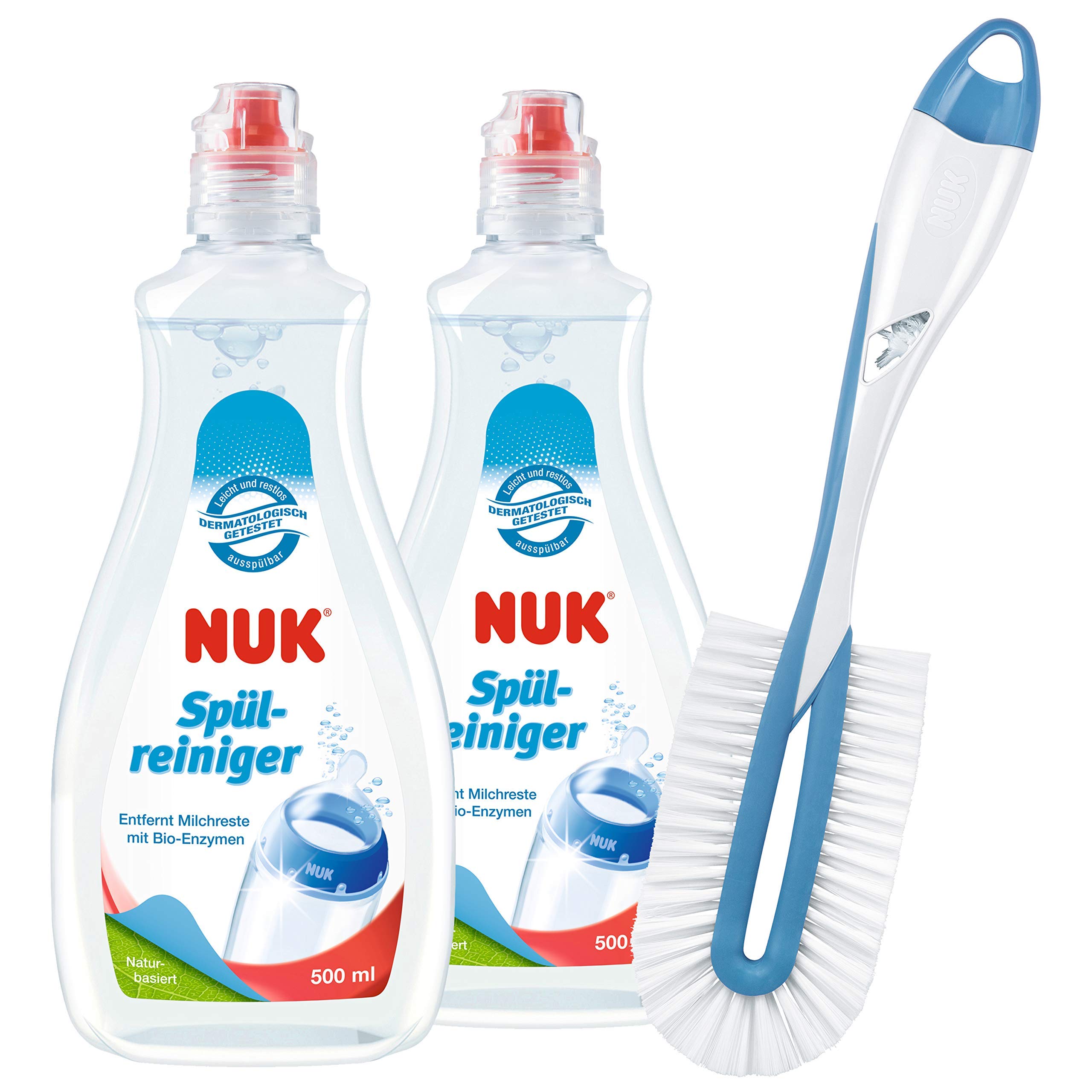 NUK Baby Bottle Cleanser & Bottle Brush - 2 x Bottle Cleaner, 1 x Twist Bottle & Teat Brush - 500 ml - Ideal for Cleaning Baby Bottles, Teats & Accessories - Fragrance Free - pH Neutral