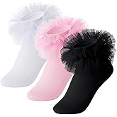 Dxhycc 3 Pairs Girls Ruffle Socks Frilly Ruffle Lace Tutu Socks for Toddler Little Girls Dress and Daily