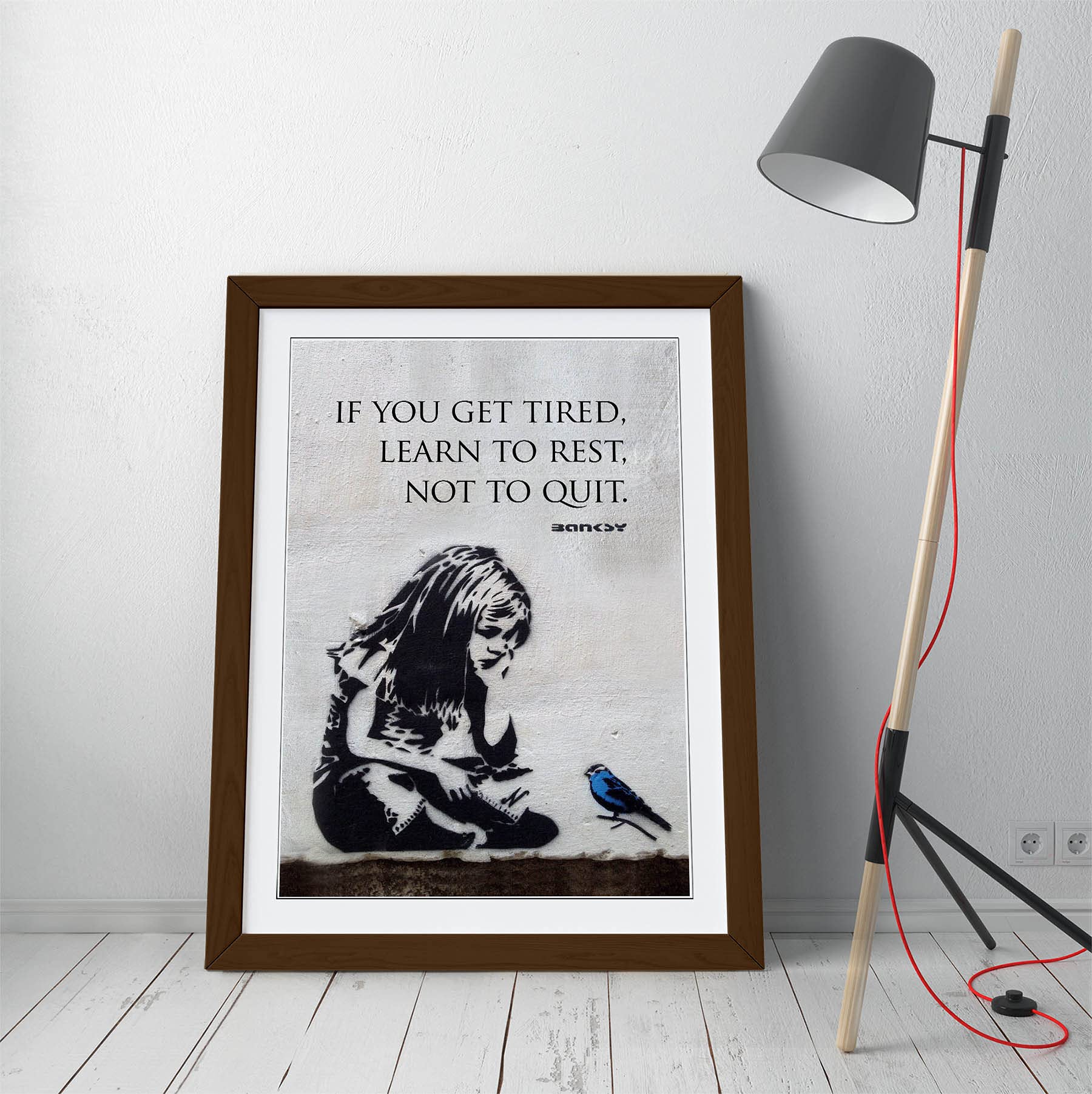 CanvasArtShop- BANKSY BLUE BIRD GIRL QUOTE PORTRAIT- PREMIUM WALL ART FRAMED PICTURE PRINTS - 3 COLOURS - 4 SIZES (WALNUT, A3)