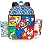 Mario Backpack for Boys School Bundle w/ 16" Bookbag + More | Large Durable Super Mario School Bag w/ Front Zip Pocket Plus Water Bottle, Stickers, More - Mario School Supplies