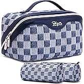 BOYATU Travel Makeup Bag for Women: Large Cosmetic Bag Set of 3 - PU Leather Make up Bag with Compartments - Compact Waterproof Toiletry Bag with Divider & Handle (D-5-Deep Blue)