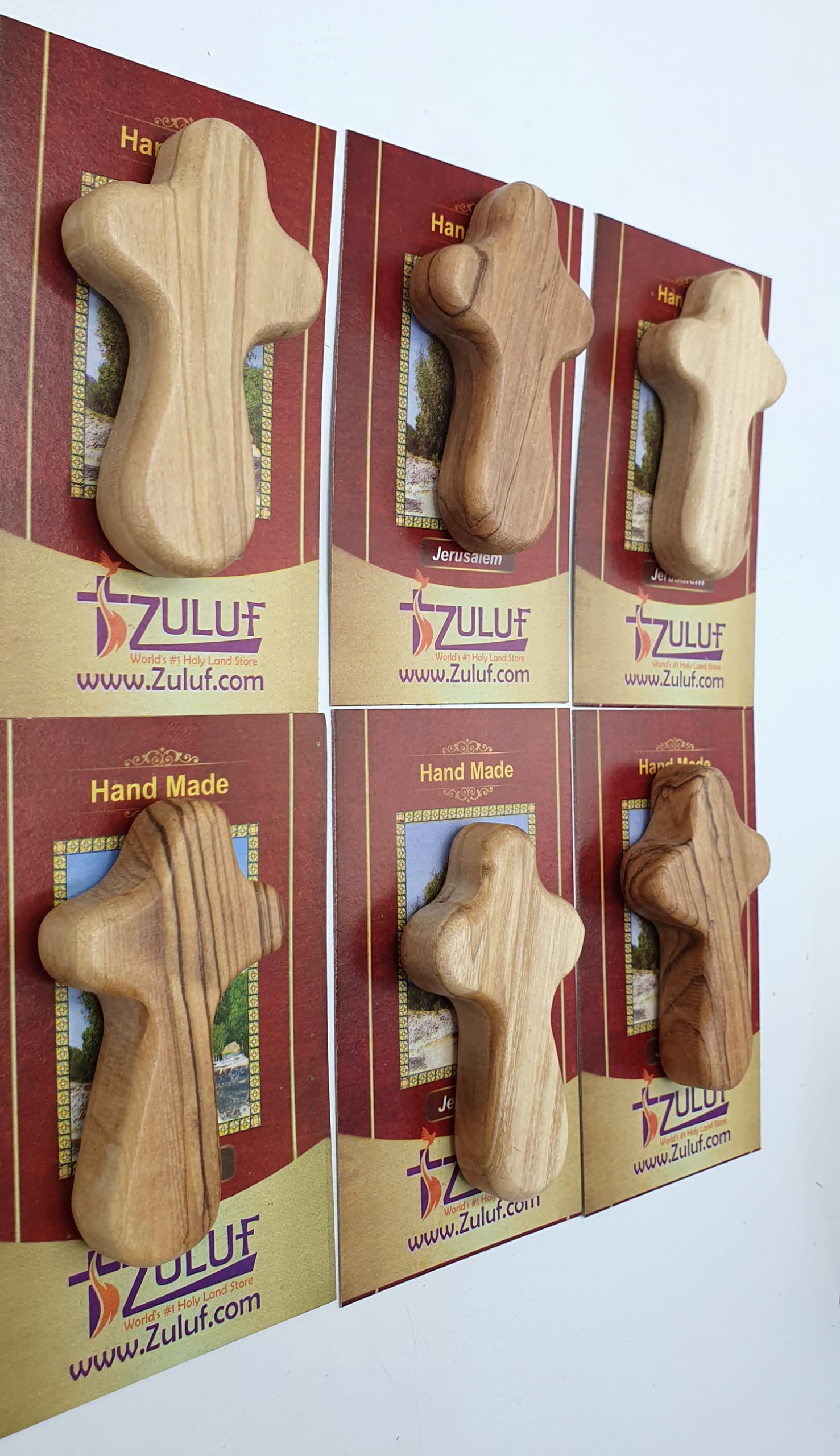 Zuluf Six Small Olive Wood Crosses The Holding Crosses From Israel | Handheld, Comforting Design for Clutching, Clinging With 6 Holy Land Certificates 6cm / 2.5 Inch Each Cross - CRS095