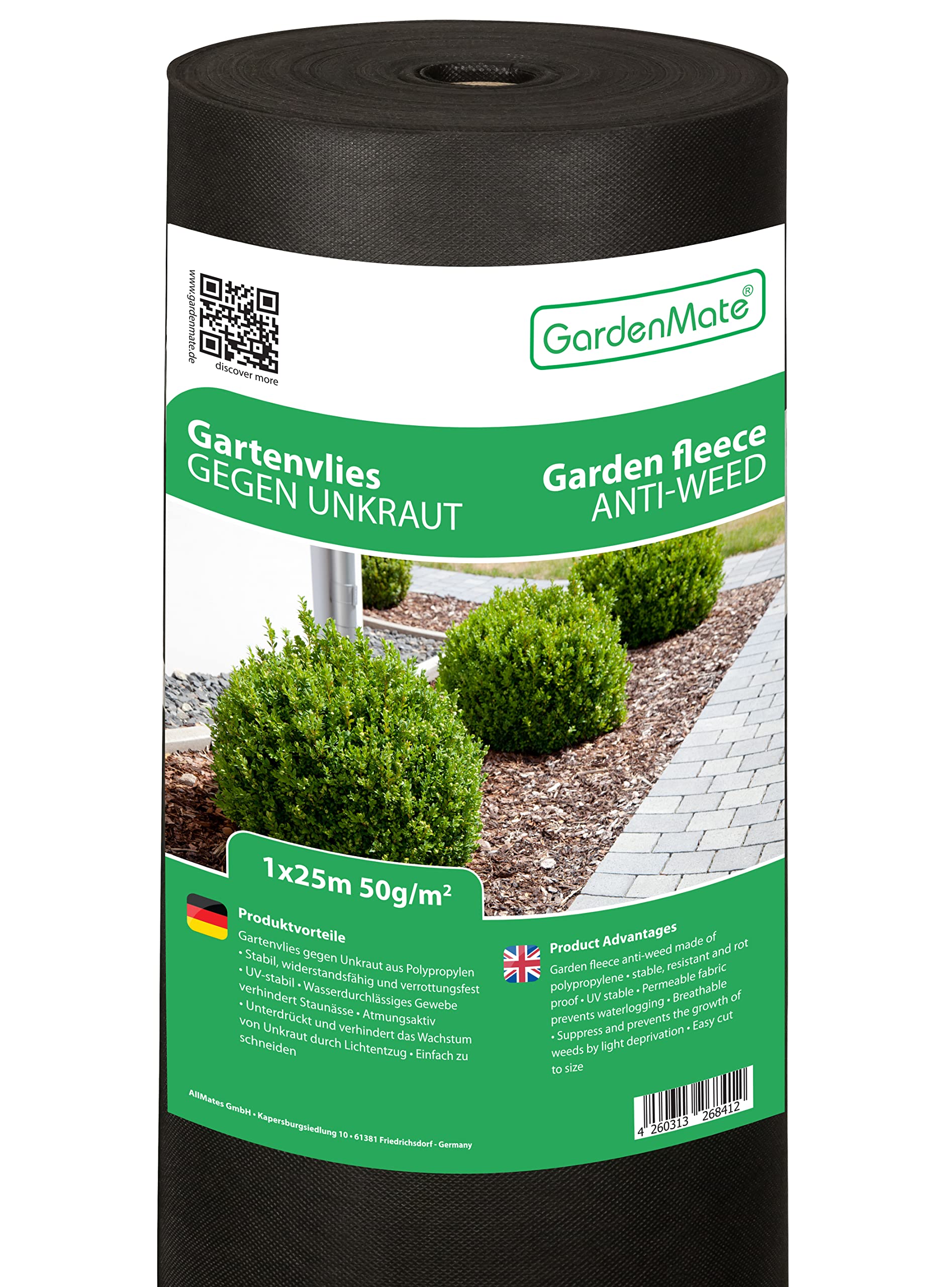 GardenMate 1m x 25m garden fleece 50g/m² - roll of weed fleece - Tear-resistant - High UV stabilisation - Water permable