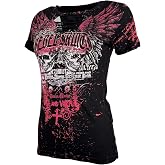 Rebel Saint by Affliction Women's T-Shirt Motorhead, Black with Pink Skull Wings Cross Graphic Design