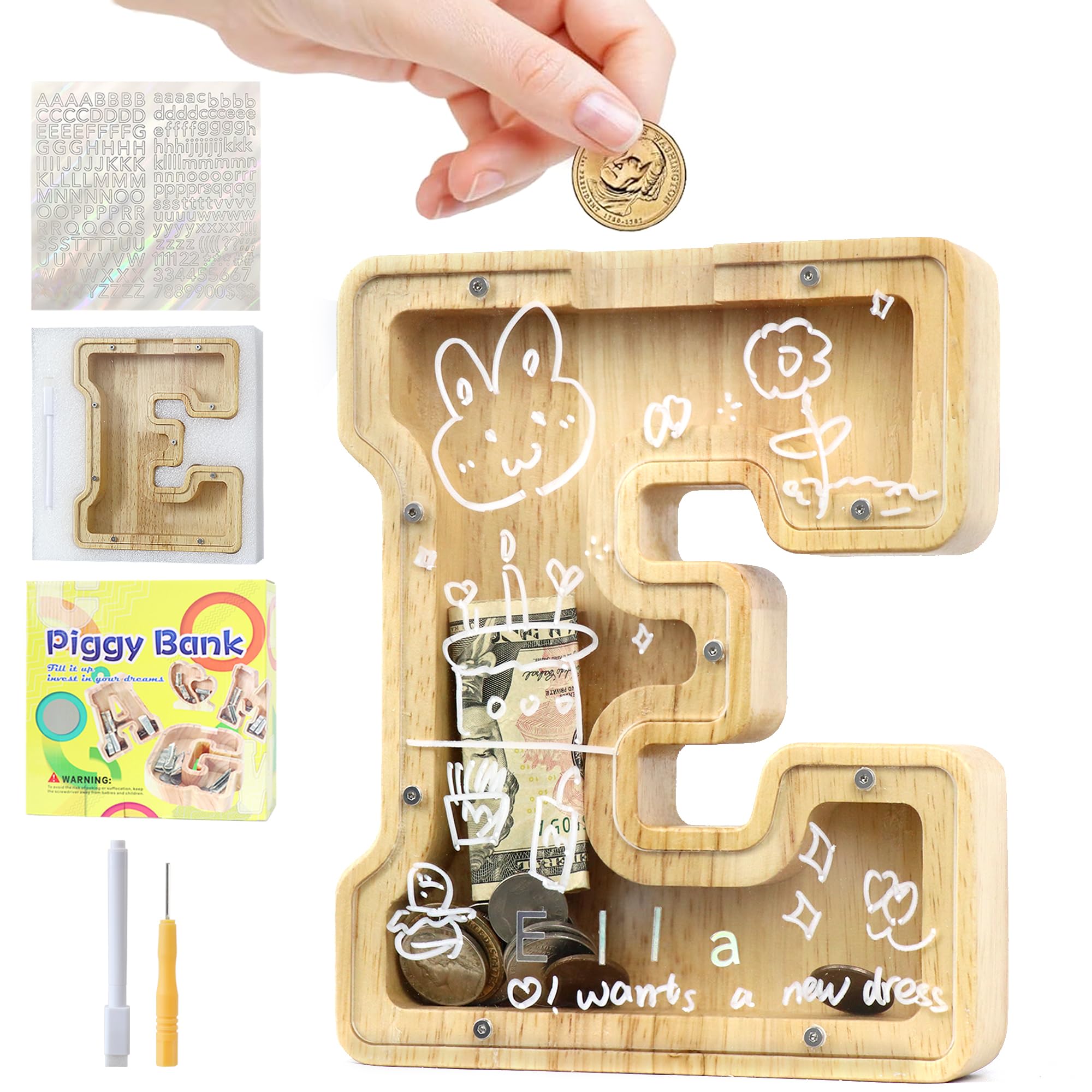 Mikytoper Money Box for Kids, Wooden Letter Piggy Banks for Kids, Personalized Money Box Clear Money Bank, Boys Girls Toddler Birthday Festival Gift (E)