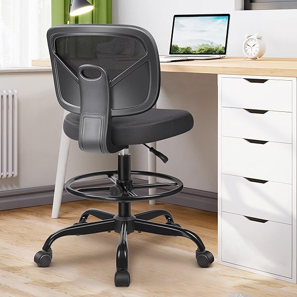 PRIMY TALL DRAFTING DESK CHAIR – ARMLESS, ADJUSTABLE HEIGHT, MESH BACK, ROLLING, STANDING DESK CHAIR FOR ART ROOM, OFFICE OR HOME (BLACK)